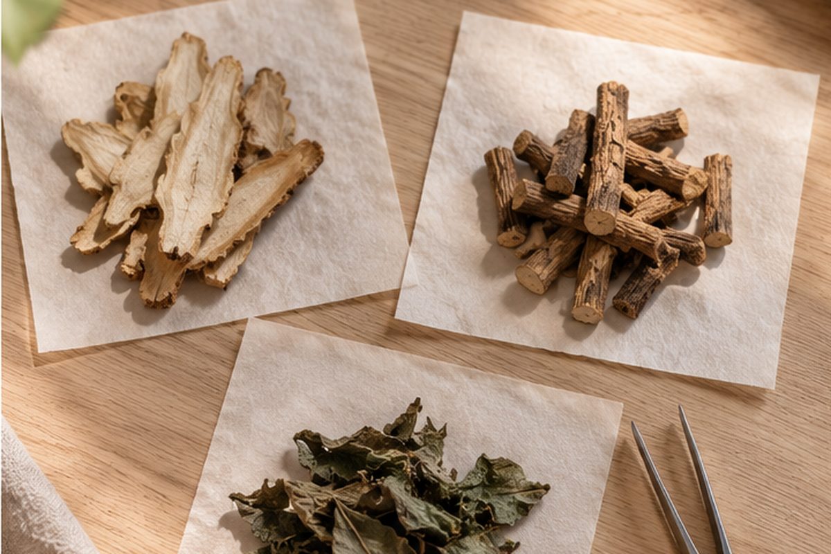 Three small heaps of dried herb pieces on separate squares of paper, with tweezers beside them