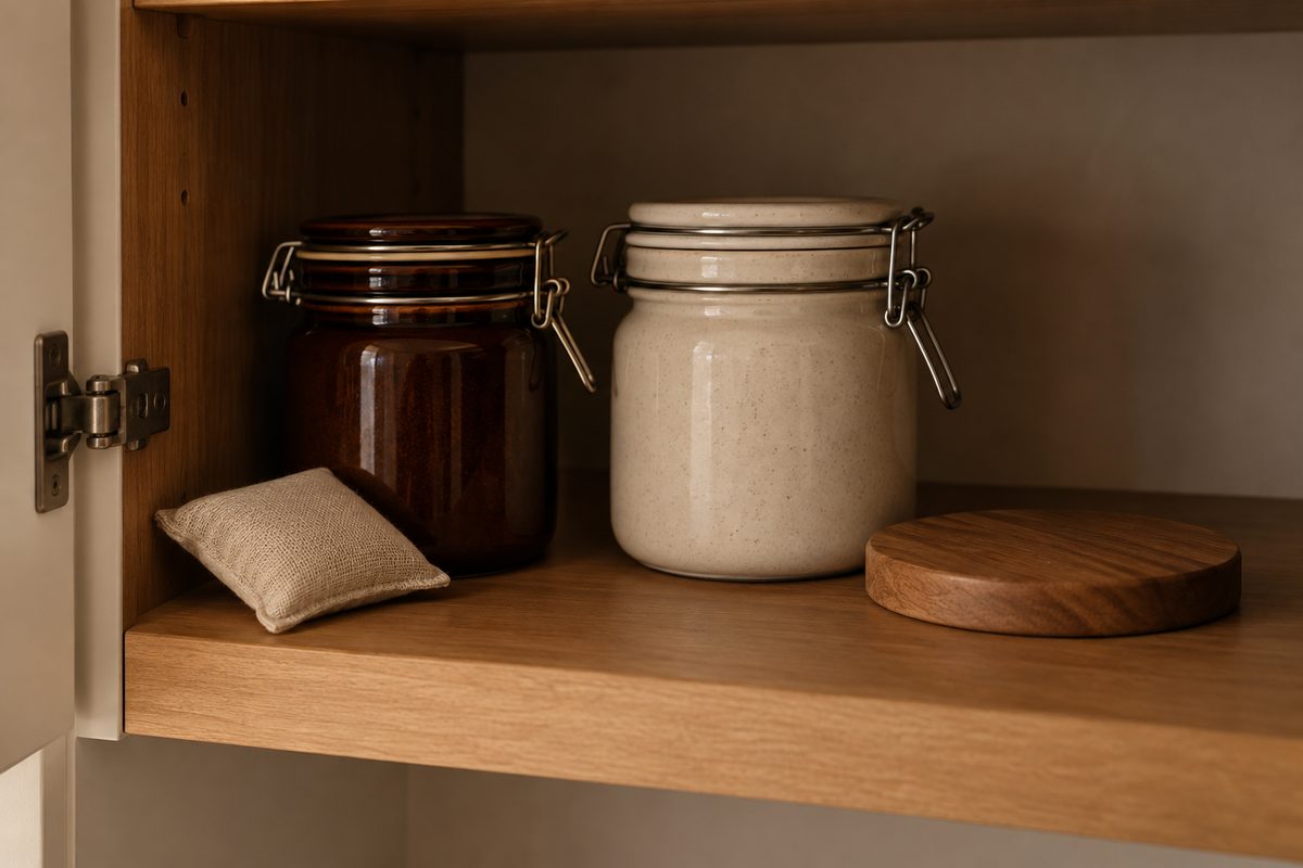 Two airtight jars and a small desiccant sachet inside a cupboard