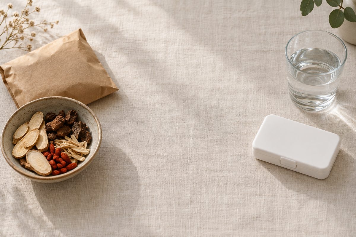 Dried herbs and a closed pill organiser set apart on a linen table