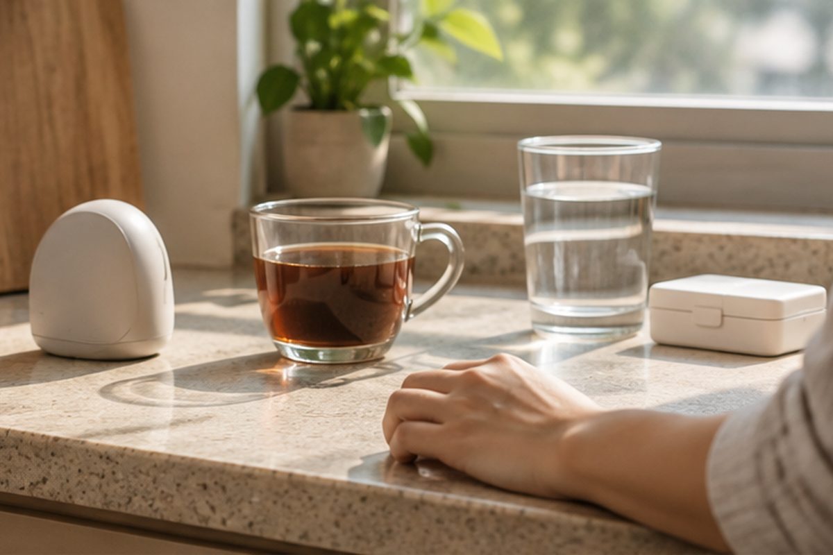 A kitchen timer, a cup of cooled decoction, a glass of water and a closed pill box on a counter