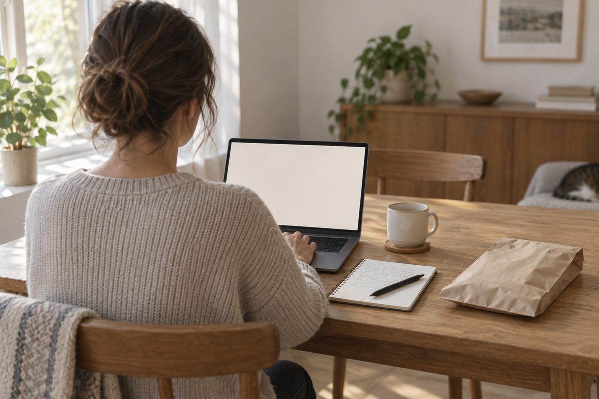 A notebook and an unopened pharmacy bag on a table before an online consultation