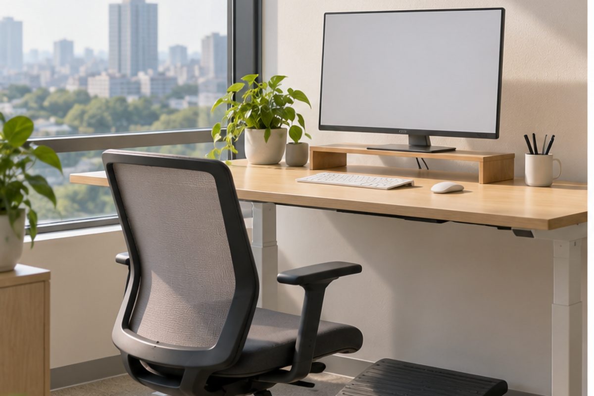 An empty workstation: screen, keyboard, chair and footrest