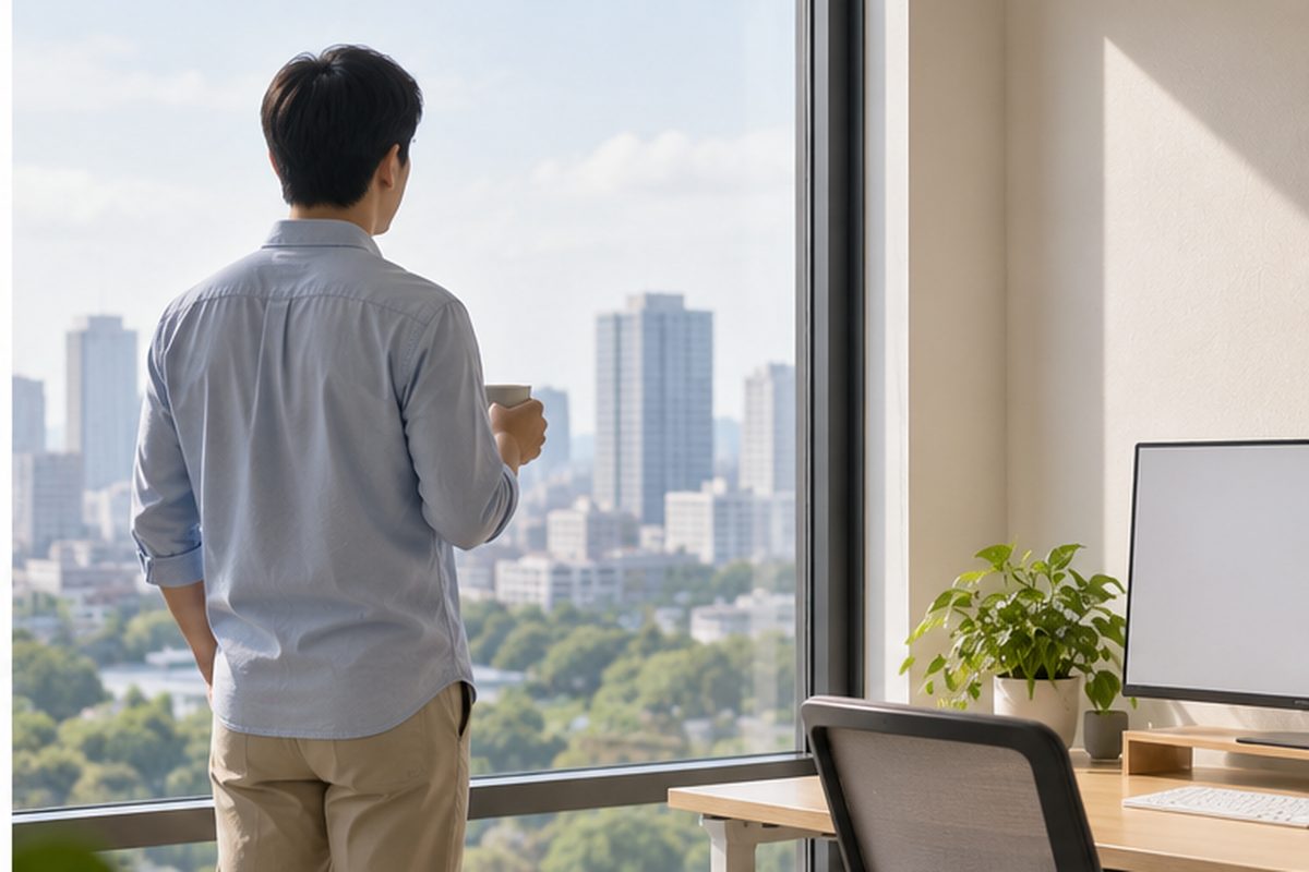 Someone standing at an office window holding a mug