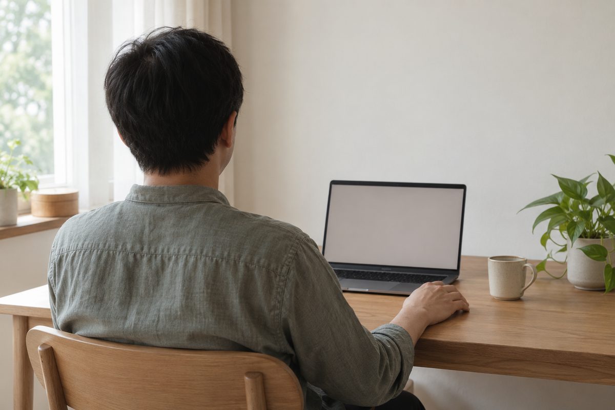 A person seen from behind at a laptop, one hand resting on the table