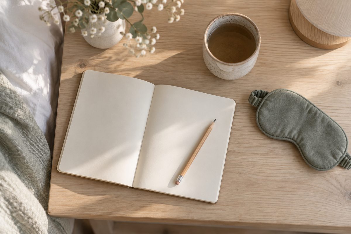 A blank notebook, pencil and eye mask on a bedside table