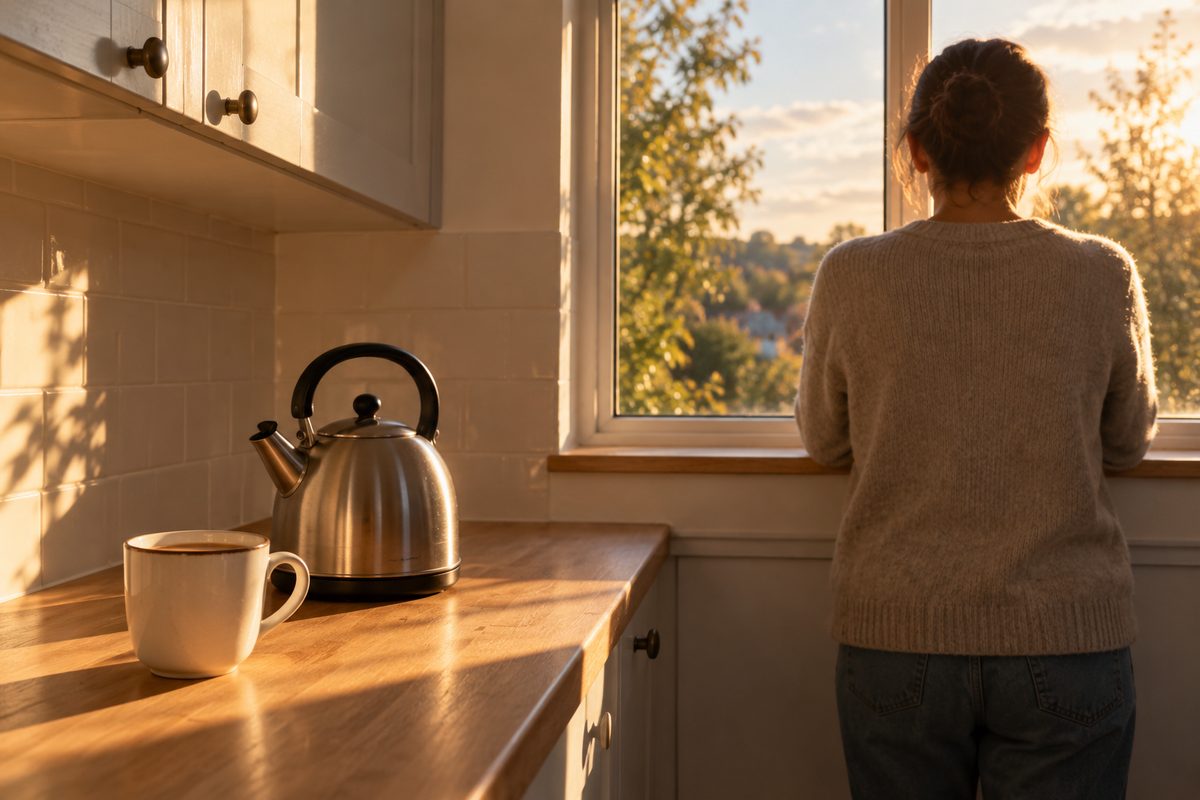 A cup of milky tea and a kettle in an afternoon kitchen