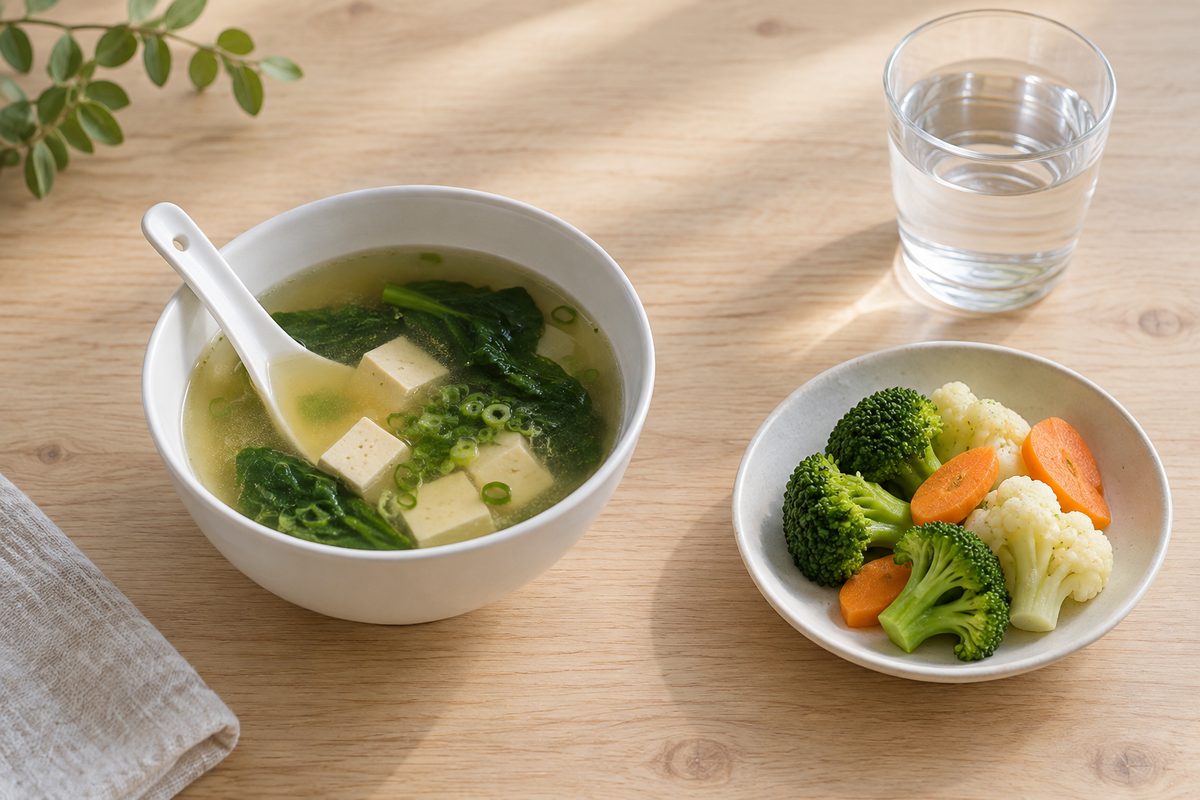 A bowl of clear soup, a dish of vegetables and a glass of water
