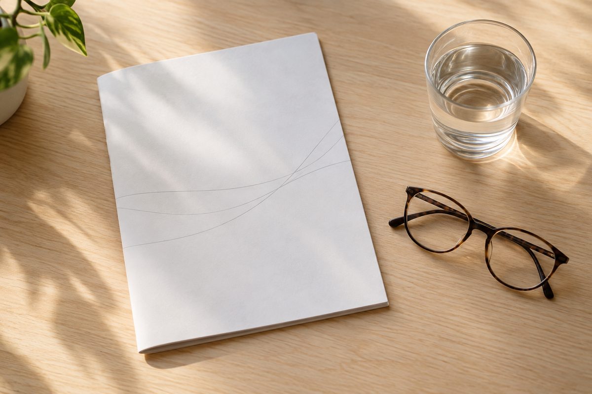 A closed lab report, reading glasses and a glass of water