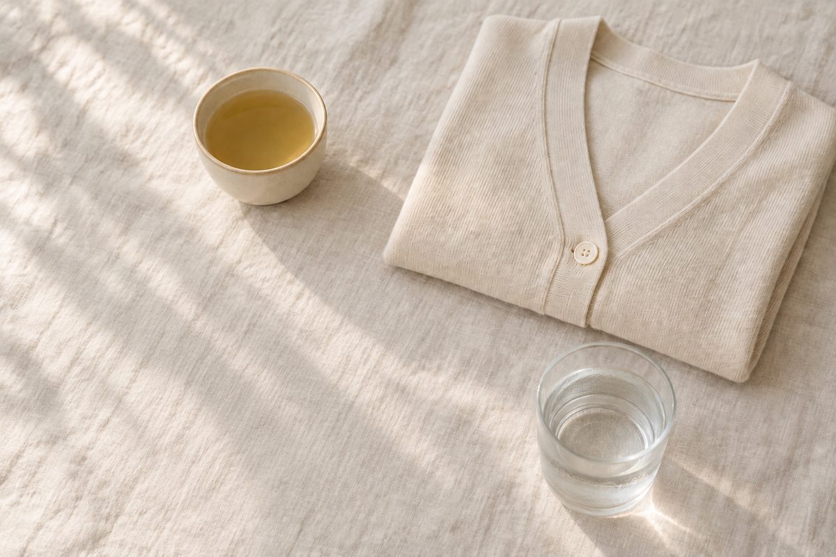 A cup of pale tea, a folded cardigan and a glass of water