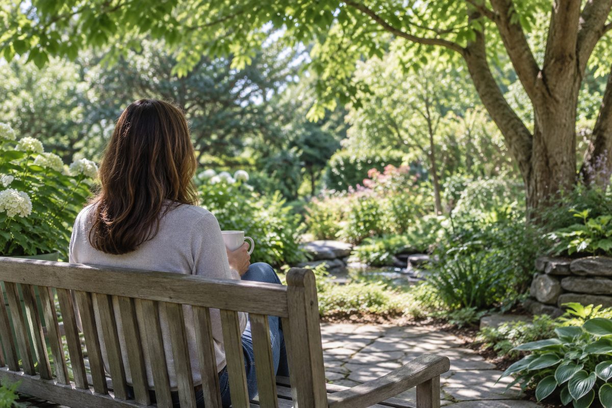 A woman seen from behind on a garden bench