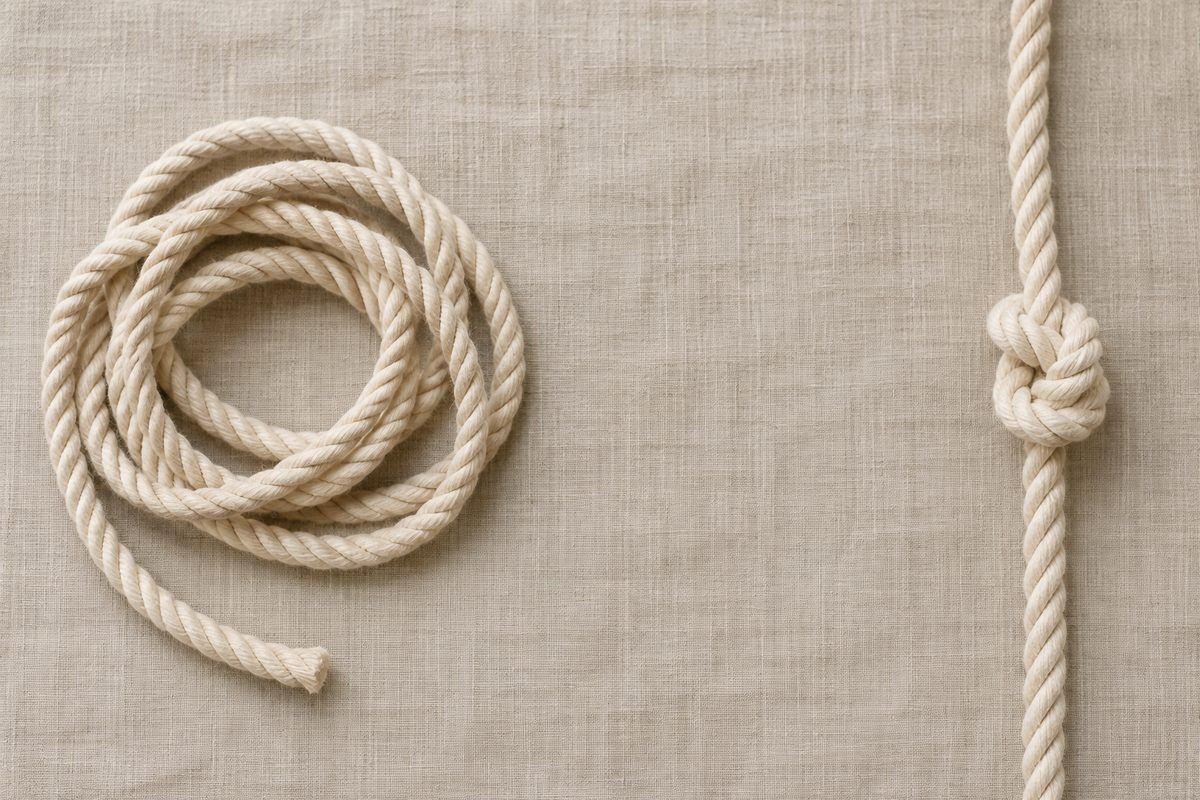 A loose coil of rope beside the same rope pulled taut and knotted