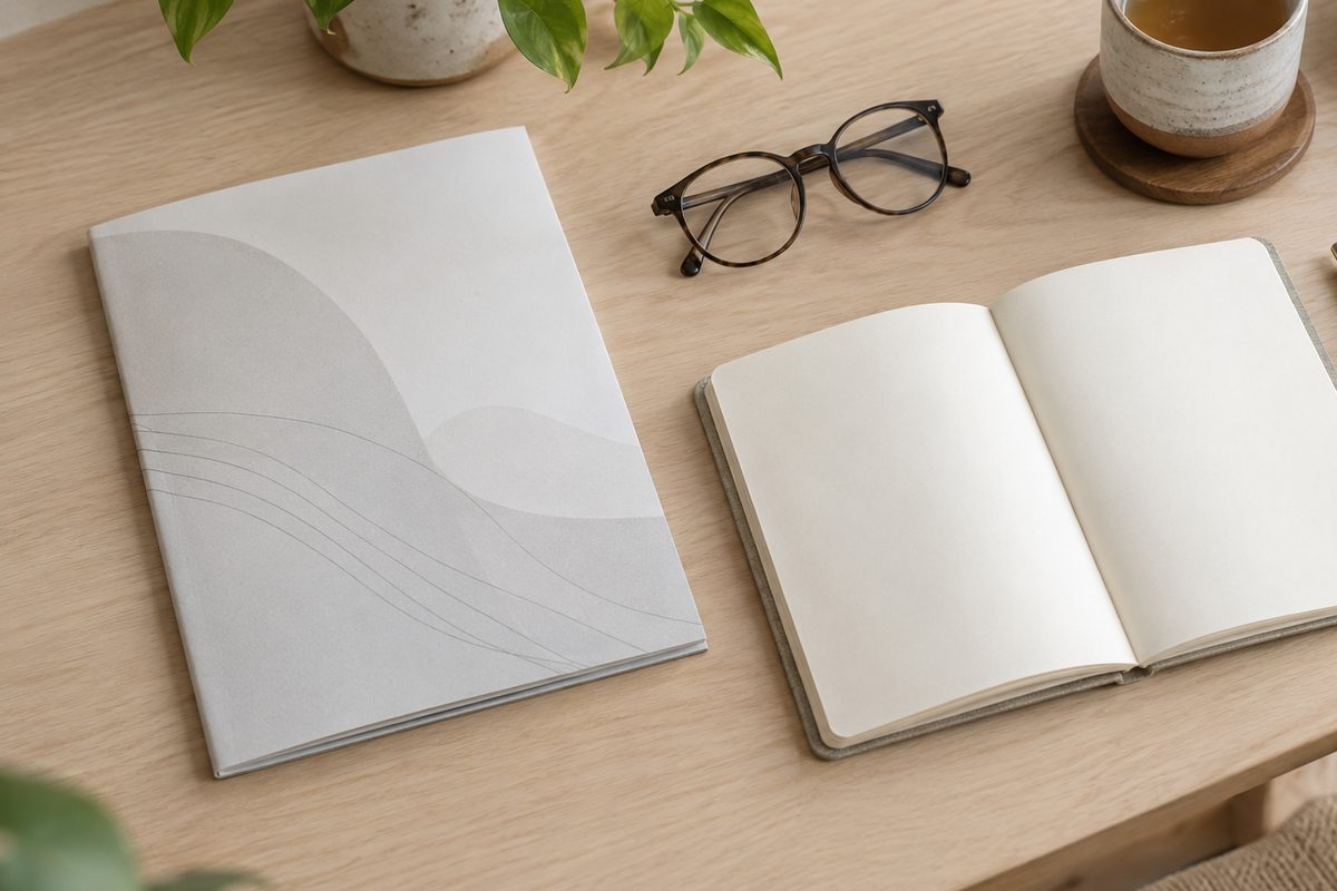 A closed screening report, reading glasses and a blank notebook