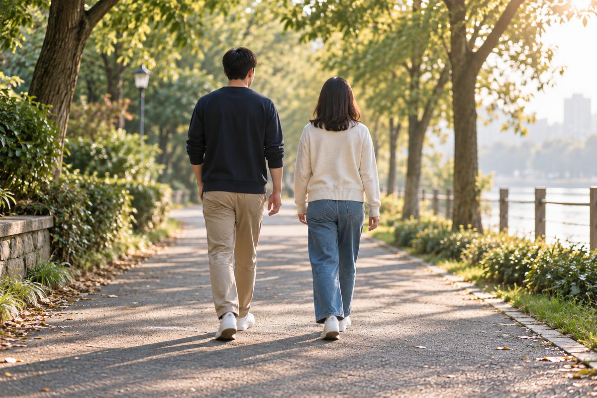 Two people walking side by side on a tree-lined path in the morning
