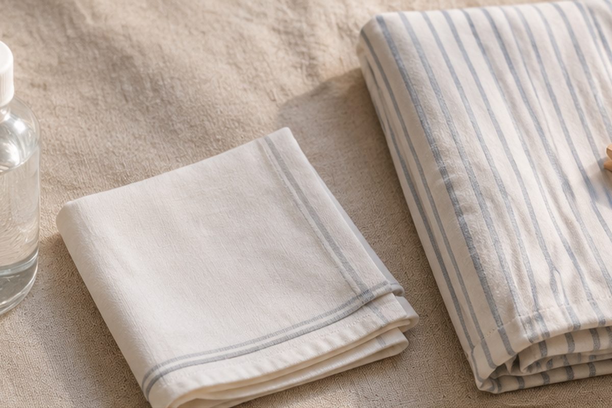 A saline bottle, a handkerchief and a folded pillowcase