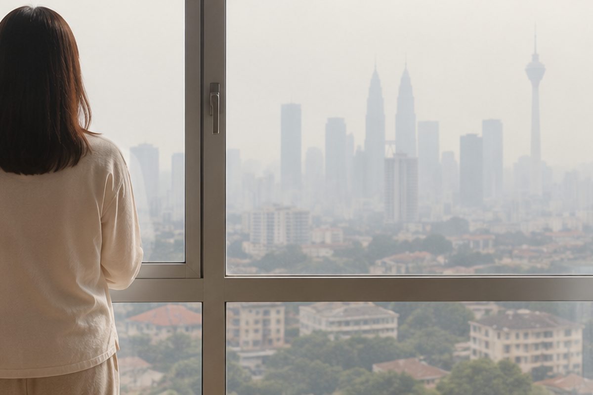 Looking out through a closed window at a hazy city skyline