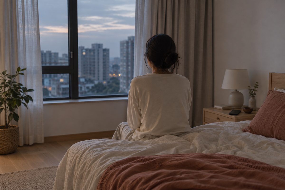 Someone sitting on the edge of a bed at dusk, phone face-down on the bedside table