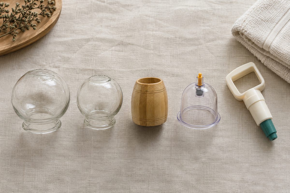 Glass, bamboo and pump cups laid out in a row