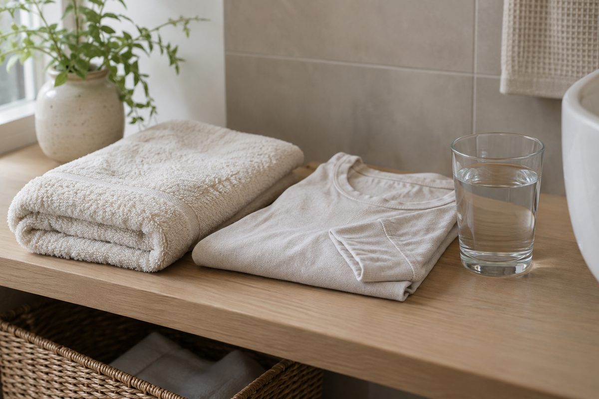 A folded towel, a folded top and a glass of water