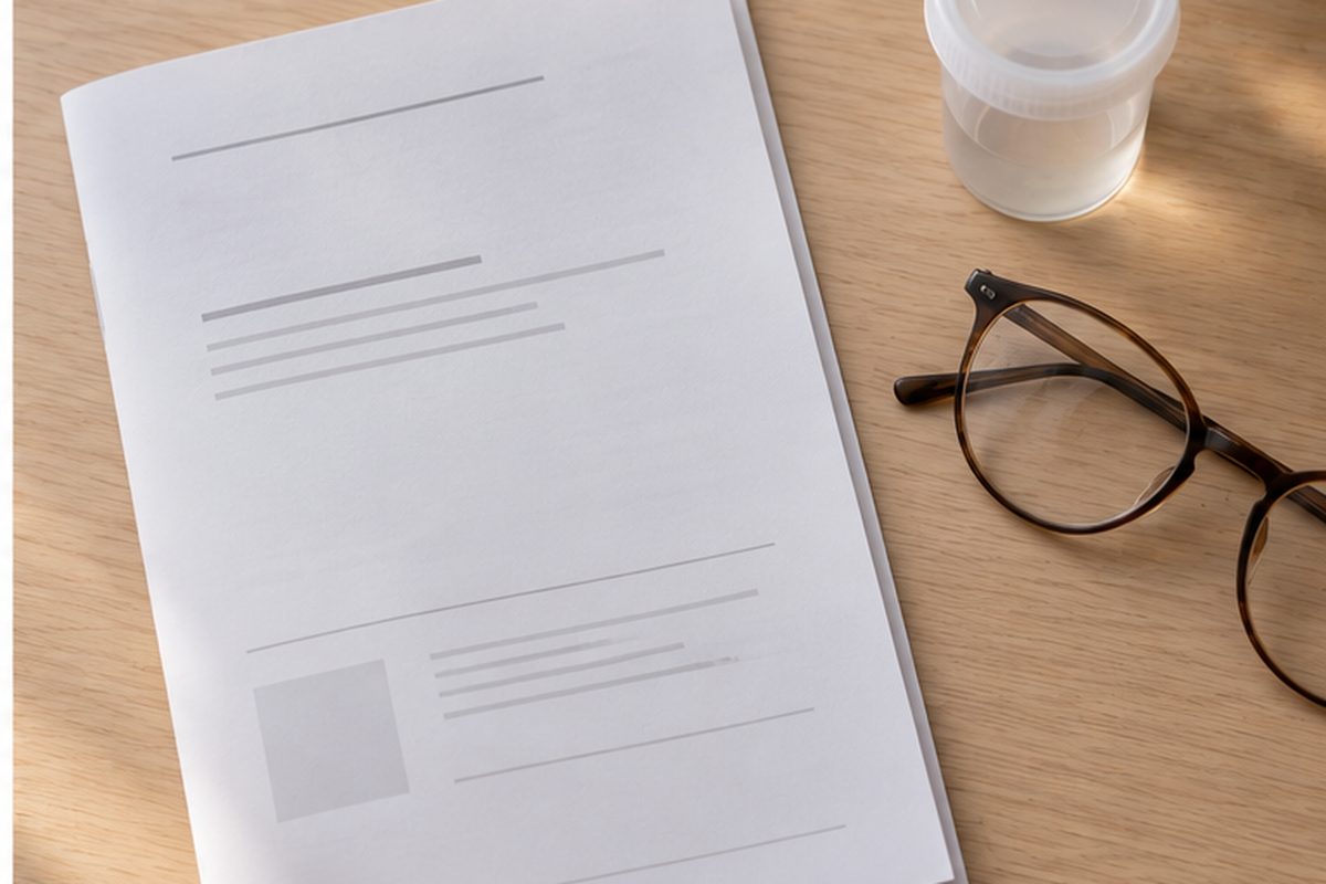 A closed lab report, reading glasses and a lidded specimen cup