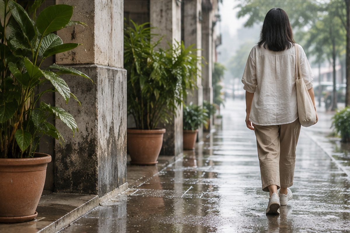 A wet five-foot way after rain, someone walking away from the camera