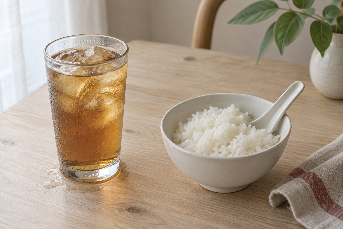 An iced drink beaded with condensation beside a bowl of plain rice