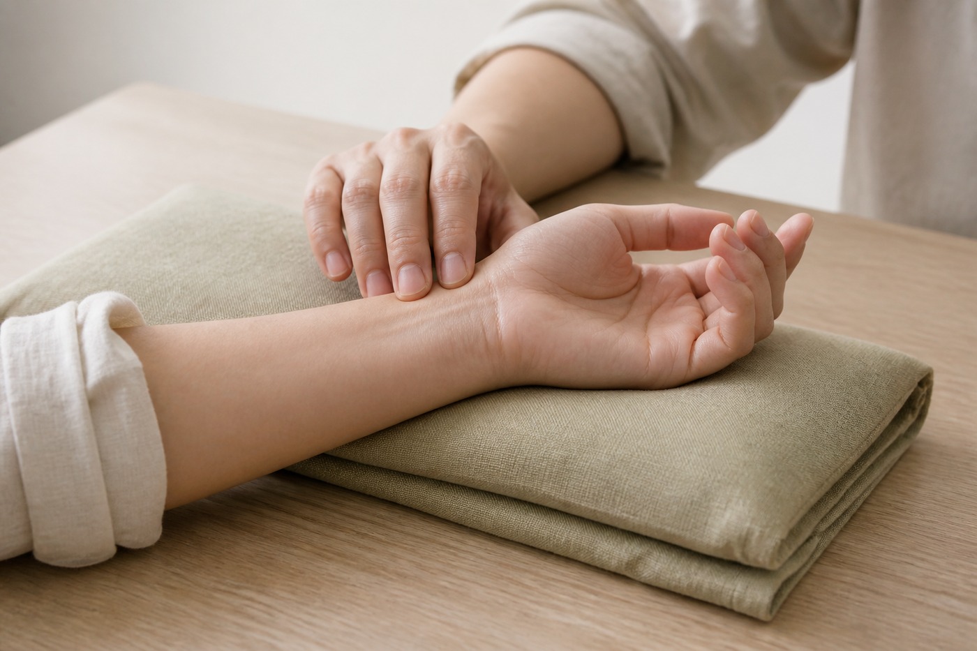 A practitioner's fingertips resting on a patient's wrist to take the pulse